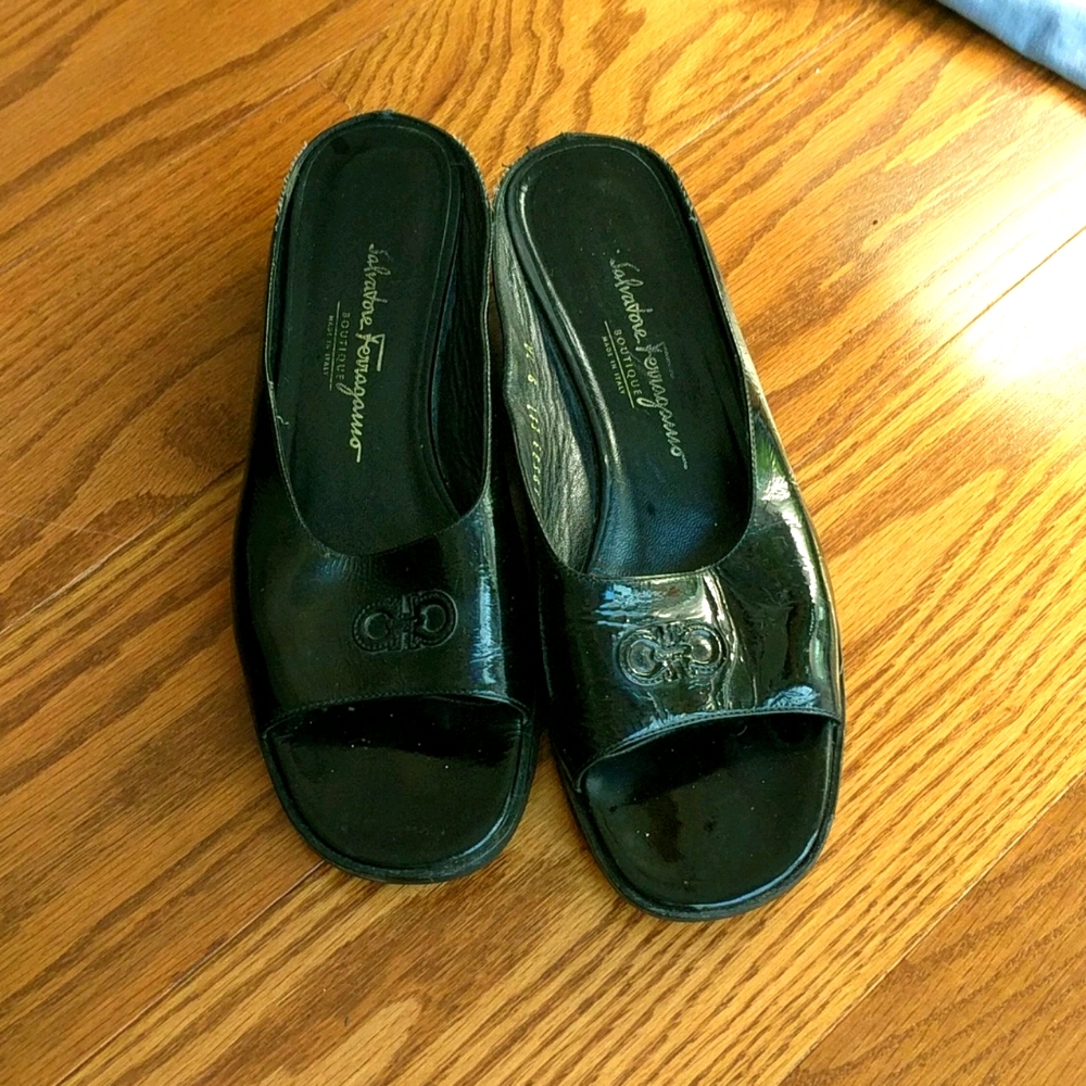 Salvatore Ferragamo  black patent leather sandals